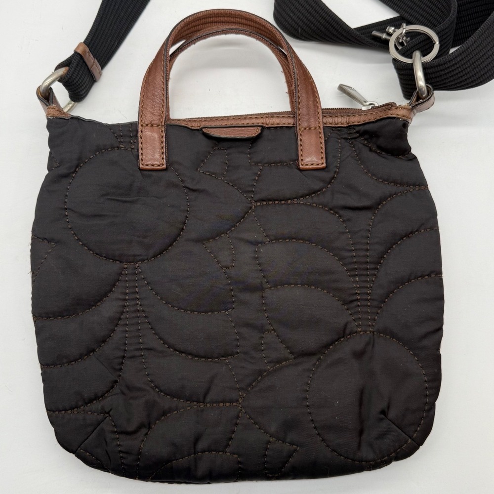 Fossil Key-Per Black Quilted Nylon Crossbody Bag Brown Leather Trim Y2K - Picture 3 of 11
